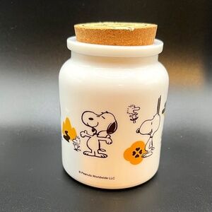 Snoopy milk colored glass w cork lid treat canister - unique from Japan